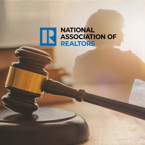 A businesswoman in an office and a gavel next to the National Association of Realtors logo.