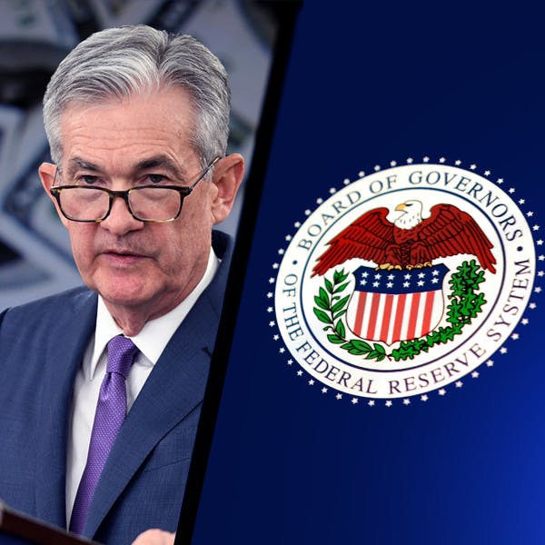 Split image of  Federal Reserve logo and Jerome Powell with money background