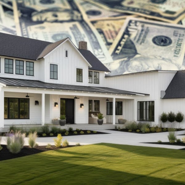 A large suburban home against a backdrop of hundred-dollar bills.