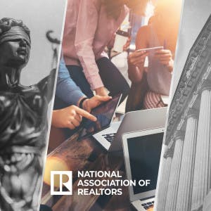 The National Association of Realtors logo against a background of a courthouse.