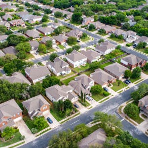An aerial view of suburban homes.