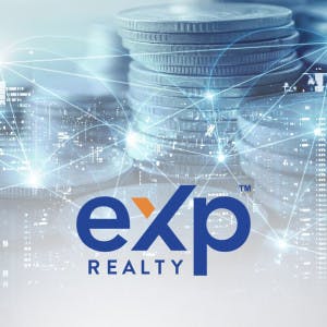 eXp Realty logo and a pile of coins over a cityscape