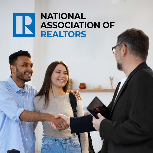 National Association of Realtors logo and a real estate agent showing a house to buyers. 