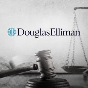 Douglas Elliman logo and a judge's gavel and scales of justice