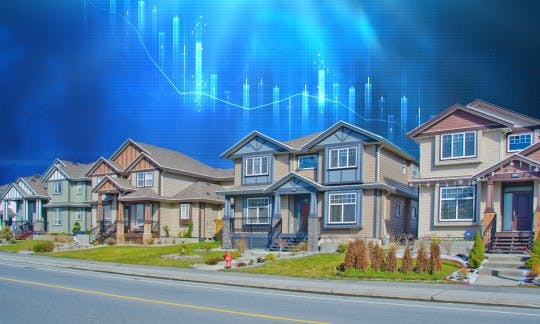 A row of suburban homes with an abstract background of financial charts